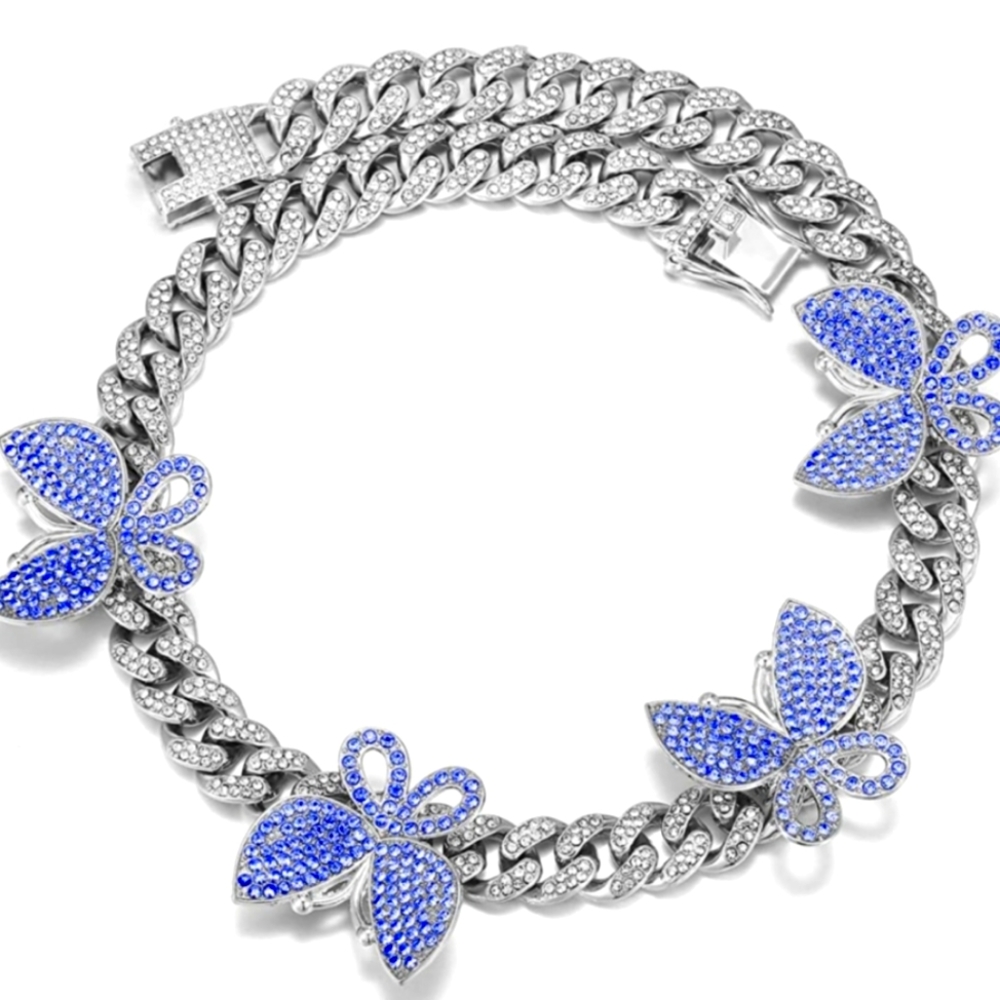 Blue Beautiful Butterfly 18K White Gold Plated Cuban Chain Necklace